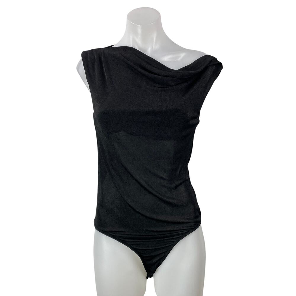 Heartloom Womens Black Cowl Neck Semi Mesh Cap Sleeve Blouse Bodysuit Top Size L
